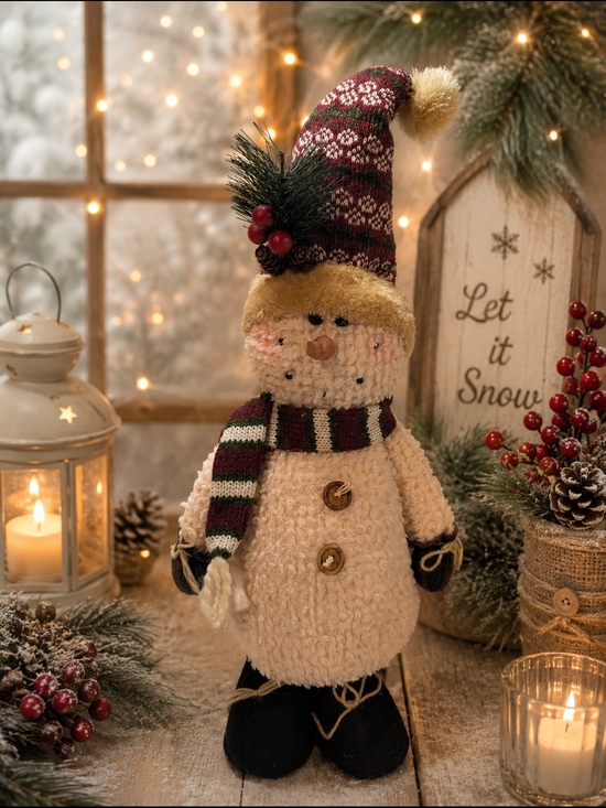 Other - Snowman Figurine with Burgundy Knit Hat and Scarf 21 Inches Tall